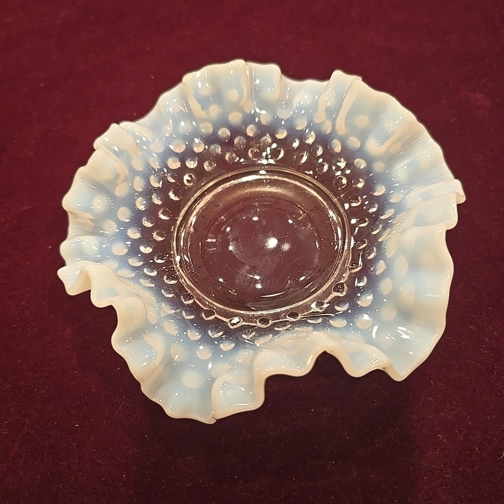 Milk and Clear Glass Hobnail Ruffled Fluted Edge Candy Nut Trinket Dish Bowl 6"